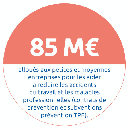 85 M€ alloués aux petites et moyennes entreprises pour les aider à réduire les accidents du travail et les maladies professionnelles (contrats de prévention et Subventions Prévention TPE).