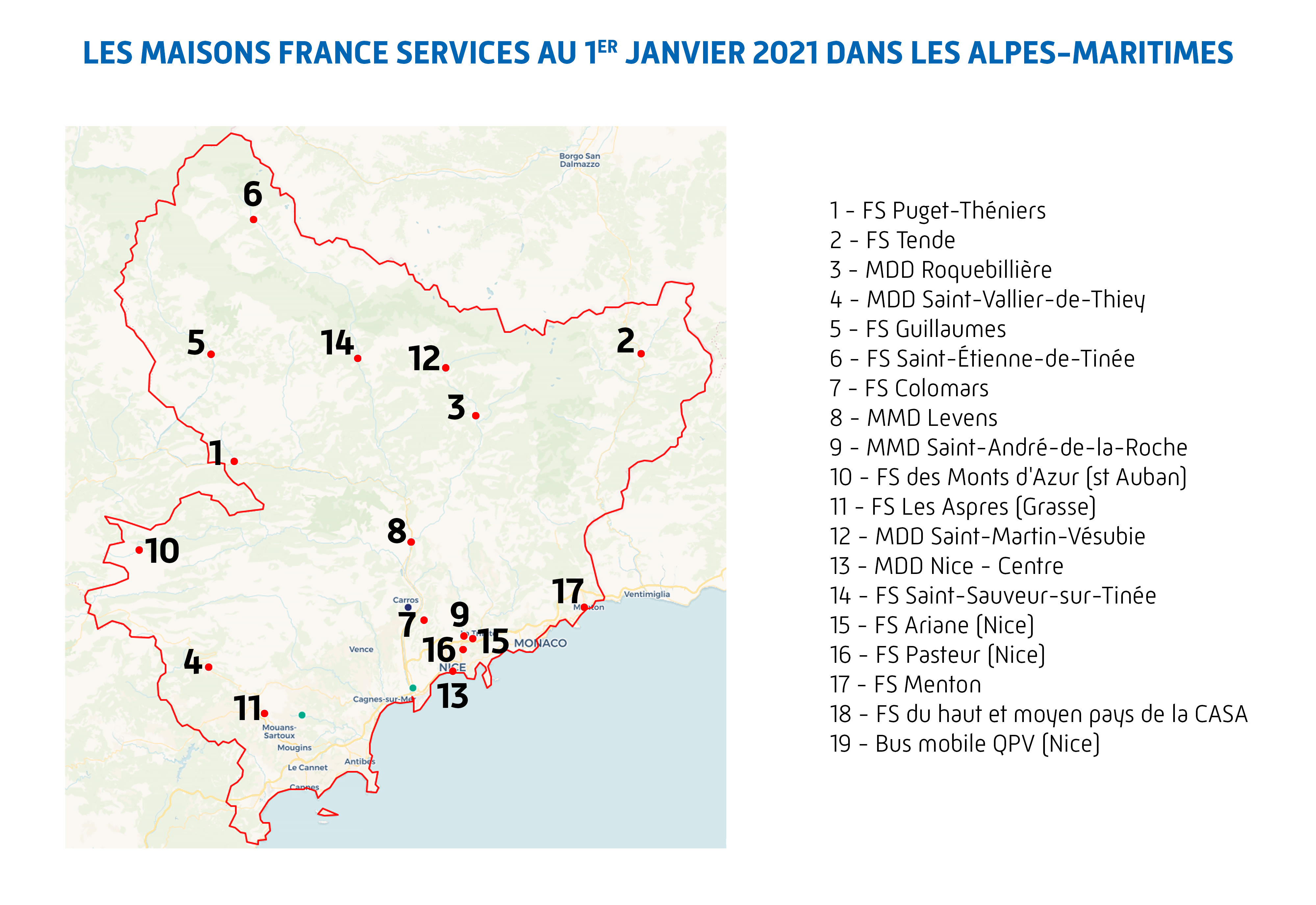 cartographie des 19 Maisons France Services du département fin 2020
