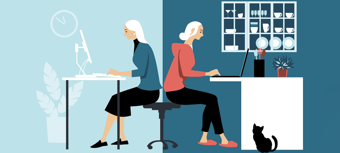 Deux femmes assises devant un bureau tapant sur un clavier d'ordinateur en situation de télétravail dans deux environnements différents