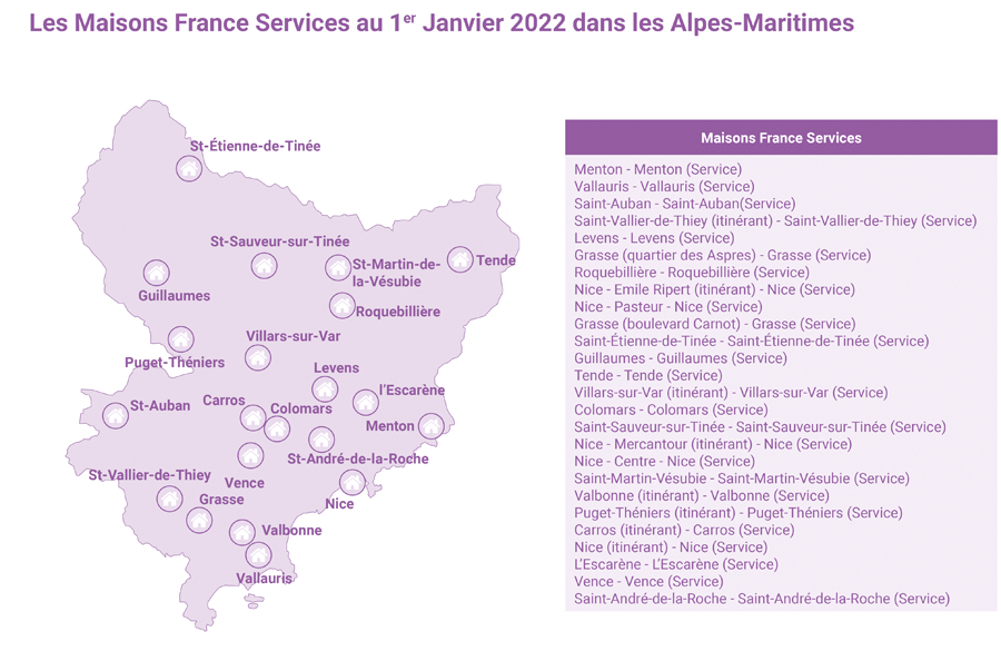 Les Maisons France Services au 1er janvier 2022 dans les Alpes-Maritimes
