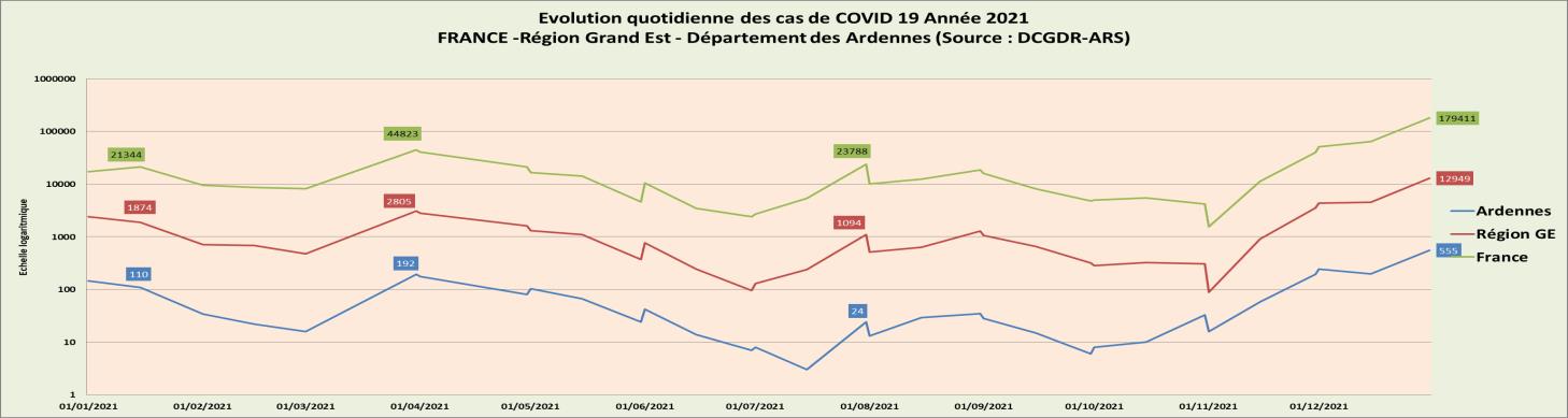 Graphique sur l'évolution des cas de COVID 19, année 2021