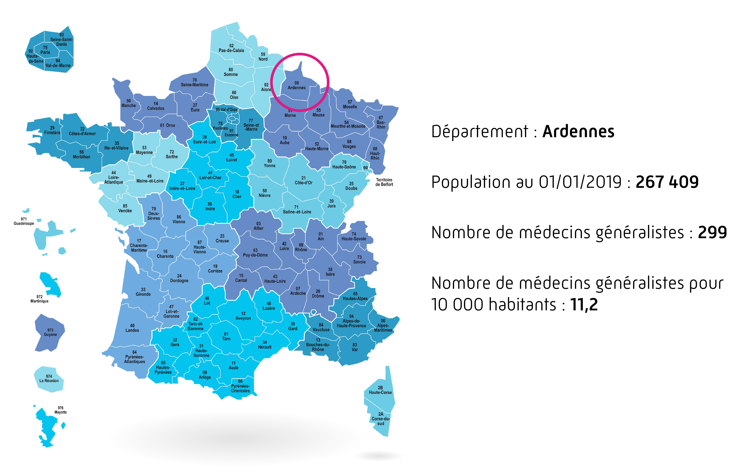 Carte des ardennes avec informations démographiques.