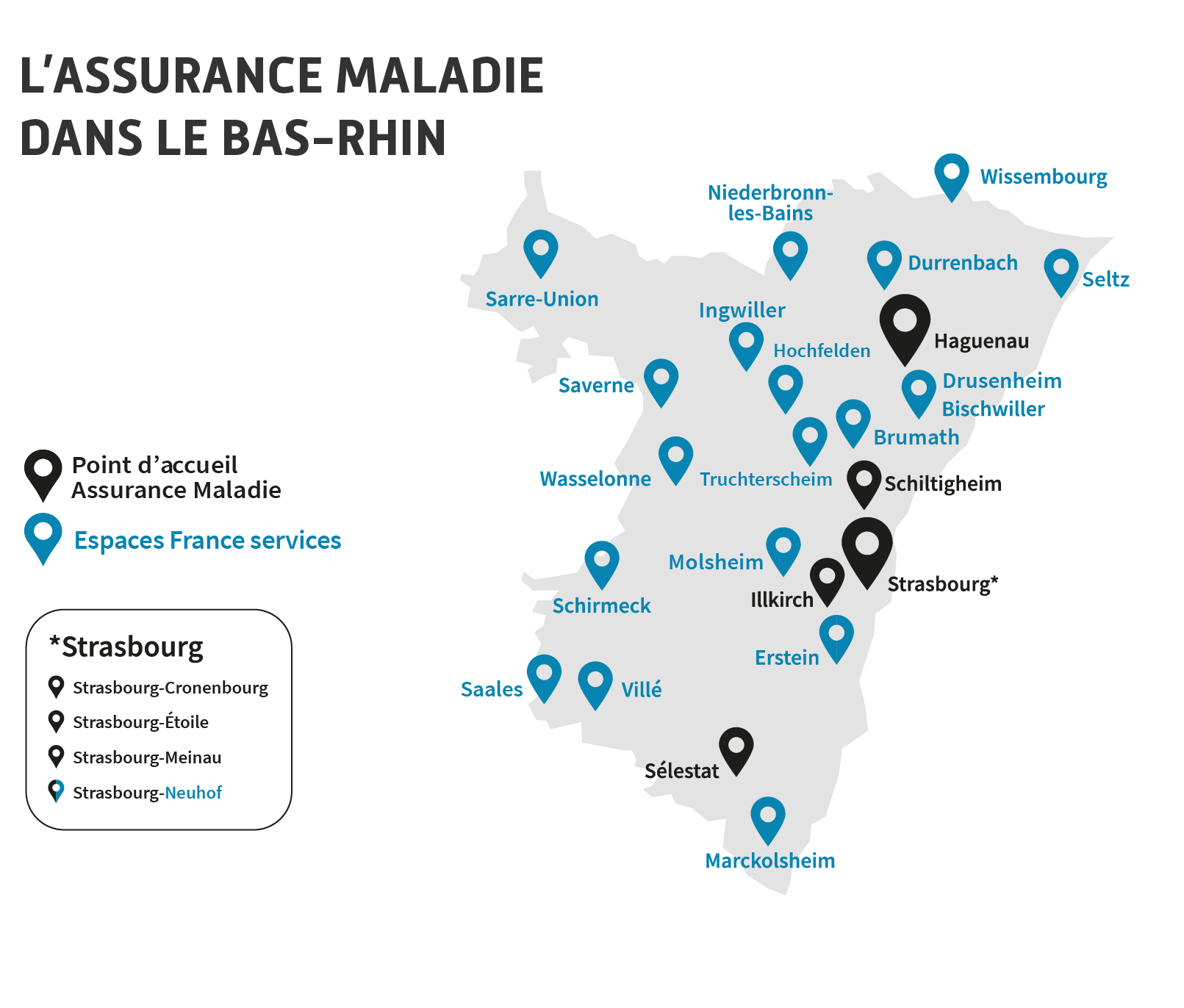 Carte des points d'accueil et des Espaces France Services du Bas-Rhin