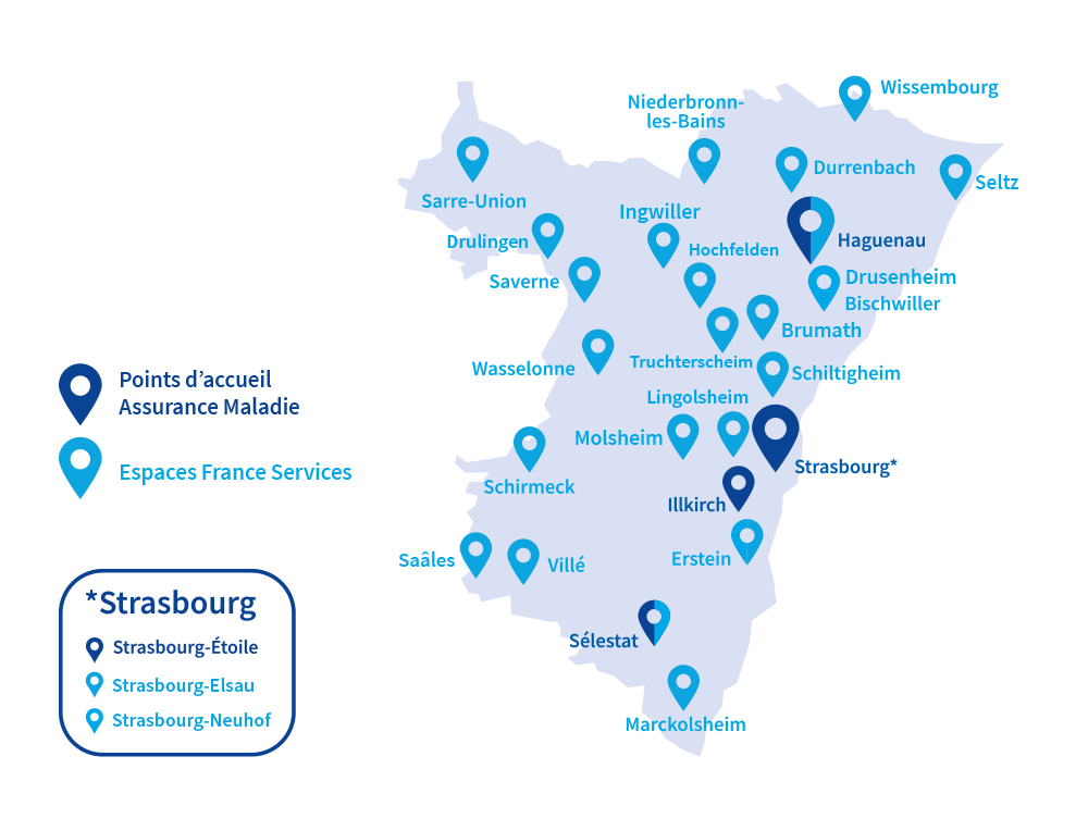 La CPAM du Bas-Rhin accueille les assurés sur les sites de Haguenau, Illkirch, Sélestat et Strasbourg. Les assurés peuvent se rendre dans des espaces France service répartis sur tout le département.