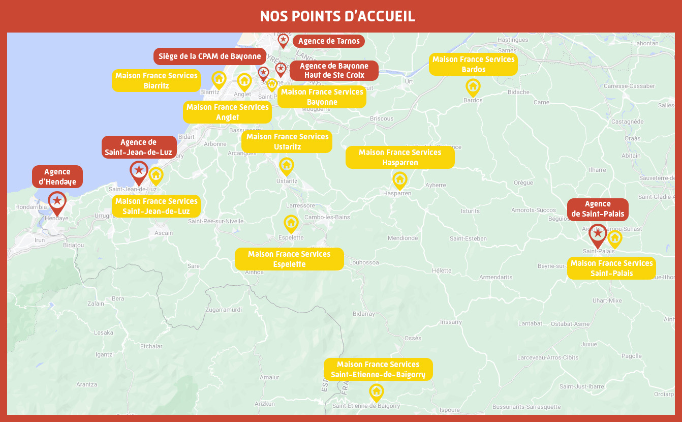 Carte des points d'accueil de la circonscription de Bayonne