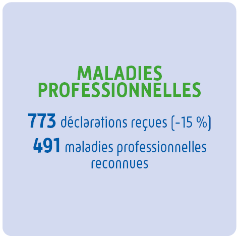 Maladies professionnelles : 773 déclarations reçues (- 15 %), 491 maladies professionnelles reconnues.