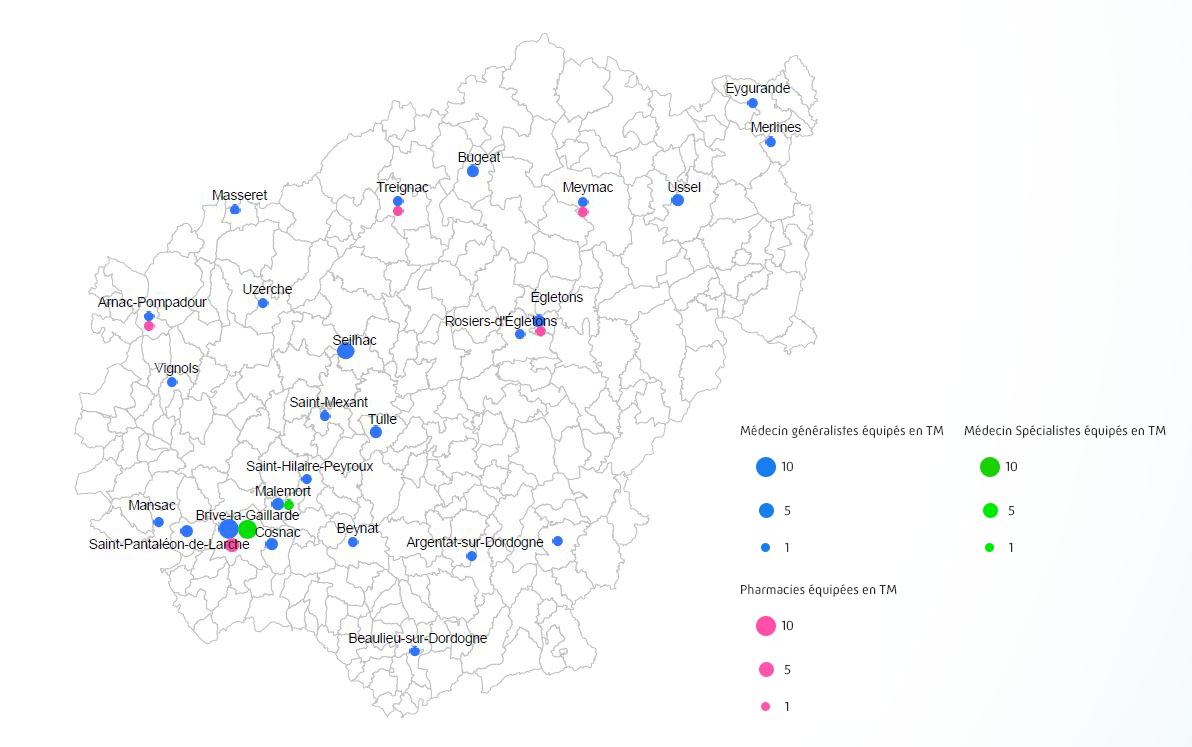 Carte d'implantation des professionnels de santé libéraux équipés en matériel de télémédecine en Corrèze 