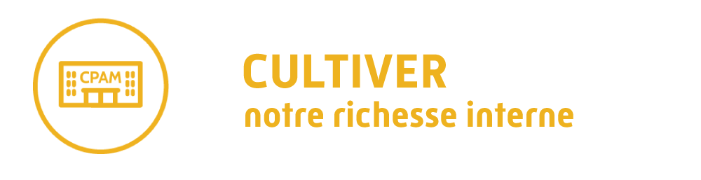 pictogramme jaune batiment CPAM - texte en jaune : Construire un avenir durable