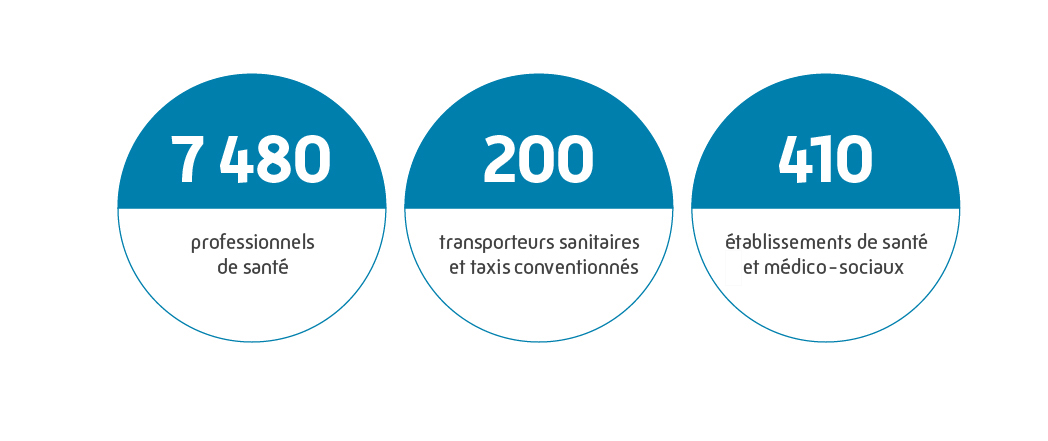 Infographie représentant : 7 480 professionnels de santé, 200 transporteurs sanitaires et taxis conventionnés, 410 établissements de santé et médico-sociaux