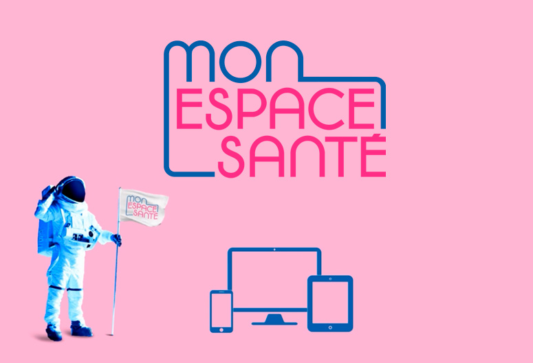 Affiche « Mon espace santé » un spationaute sur fond rose