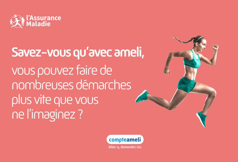 Affiche pour la promotion du compte ameli, une jeune femme effectue un saut en hauteur