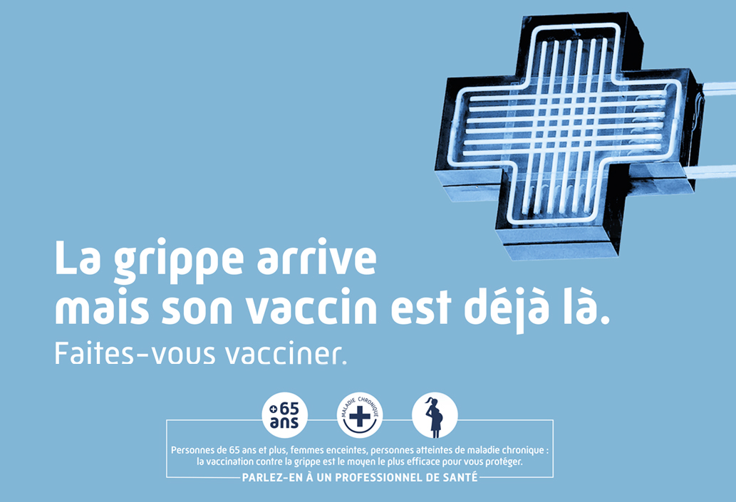 Affiche pour la campagne de vaccination antigrippale avec la croix de pharmacies en bleu et blanc
