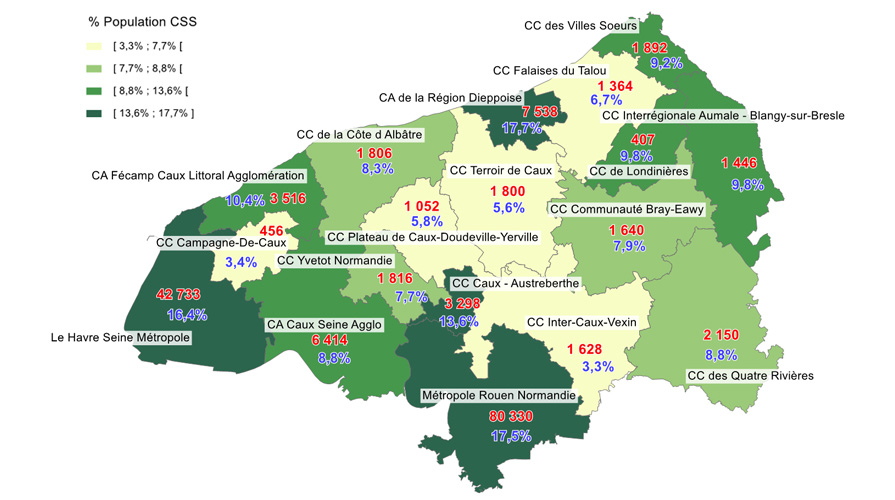 Carte : répartition Complémentaire Santé Solidaire sur le département