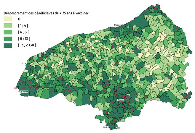 Cartographie des bénéficiaires de plus de 75 ans à vacciner en Seine-Maritime