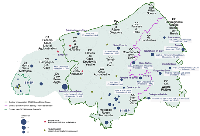 Carte Maisons de santé pluriprofessionnelles en ACI en Seine-Maritime par EPCI