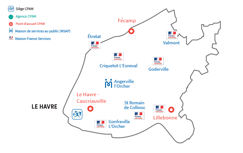 Répartition des points d’accueil Assurance Maladie sur la circonscription du Havre