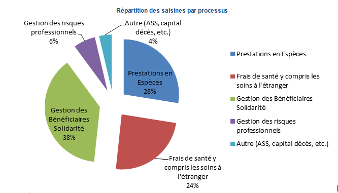 Repartition des saisines par processus : Gestion des risques professionneles :6%, Prestations en espèces : 28%, Gestion des Bénéficiaires solidarité : 38%. Les frais de santé y compris les soins à l'étranger : 24%, autre (ASS, capital décès, etc.) : 4%