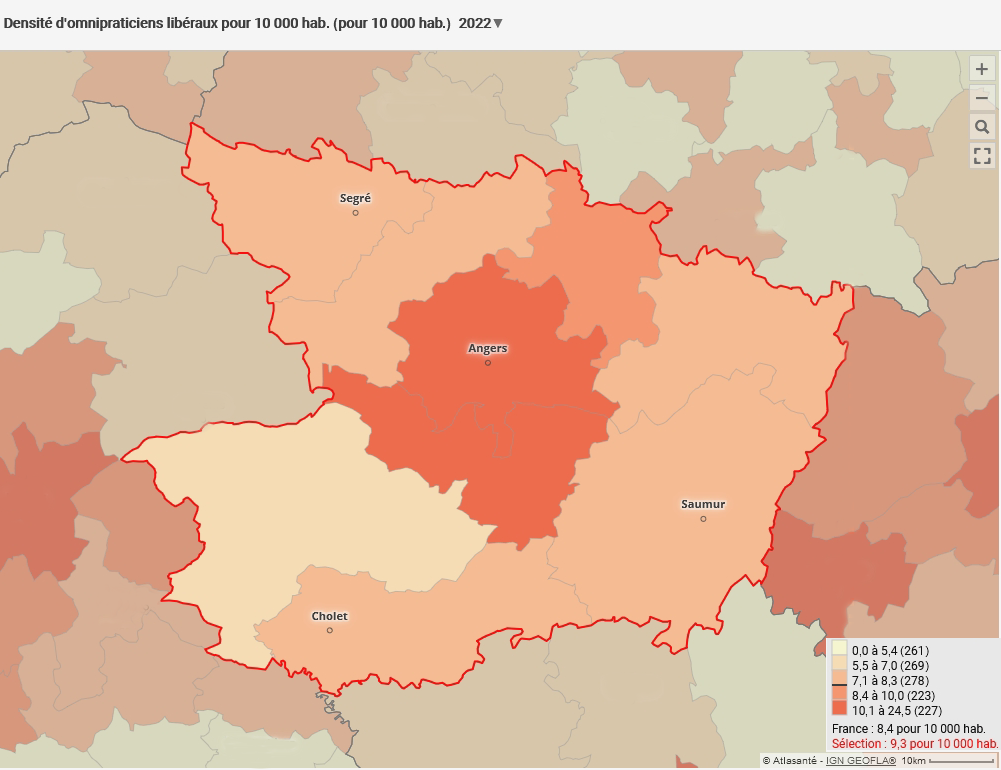 Carte de densité des médecins généralistes en 2022
