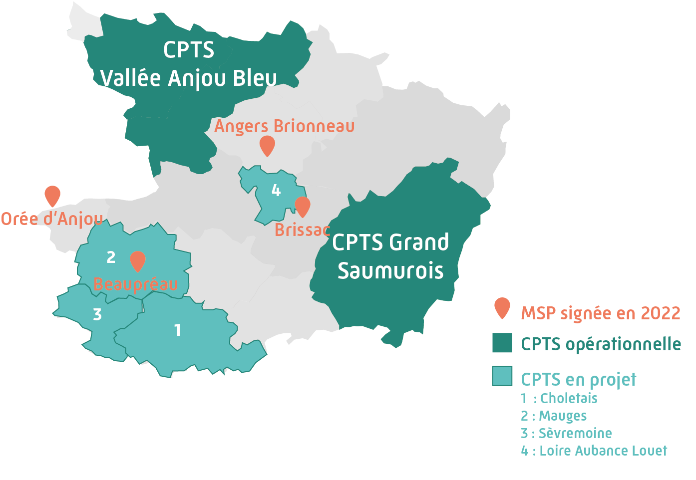 Carte présentant CPTS en Maine-et-Loire