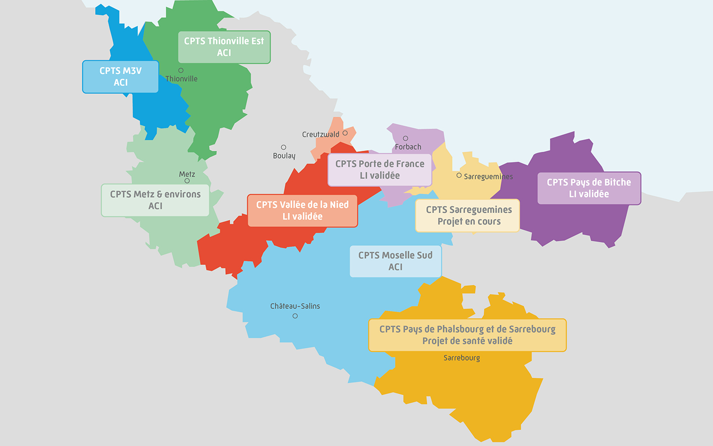 Carte des Communautés professionnelles territoriales de santé (CPTS)en Moselle
