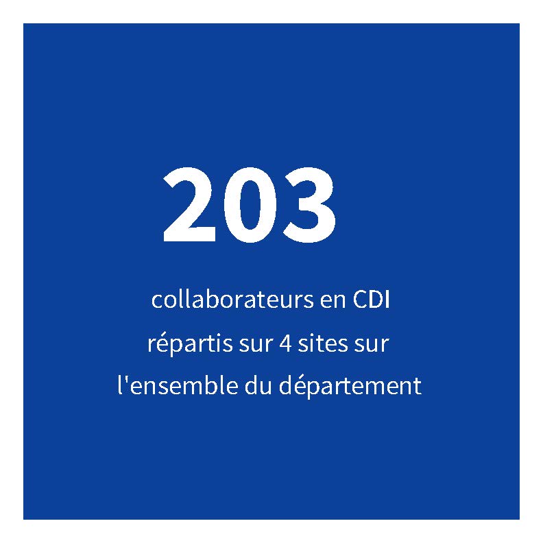 203 collaborateurs en CDI répartis sur 4 sites sur l'ensemble du département