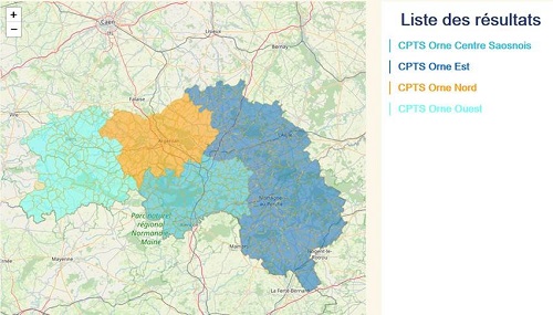 Carte de l'Orne avec la découpage par 4 CPTS
