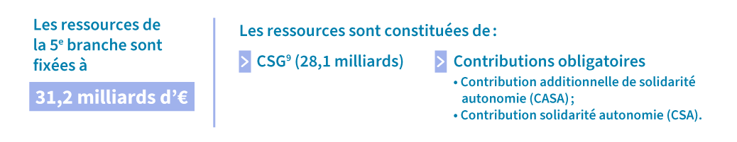 Les ressources de la 5e branche sont fixées à 31,2 milliards d’euros et constituées principalement de CSG9 (28,1 milliards) et de contributions obligatoires : contribution additionnelle de solidarité autonomie (CASA), contribution solidarité autonomie (CSA).