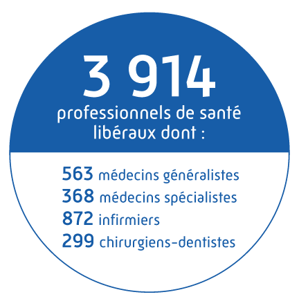 3 914 professionnels de santé libéraux dont : 563 médecins généralistes, 368 médecins spécialistes, 872 infirmiers, 299 chirurgiens-dentistes.