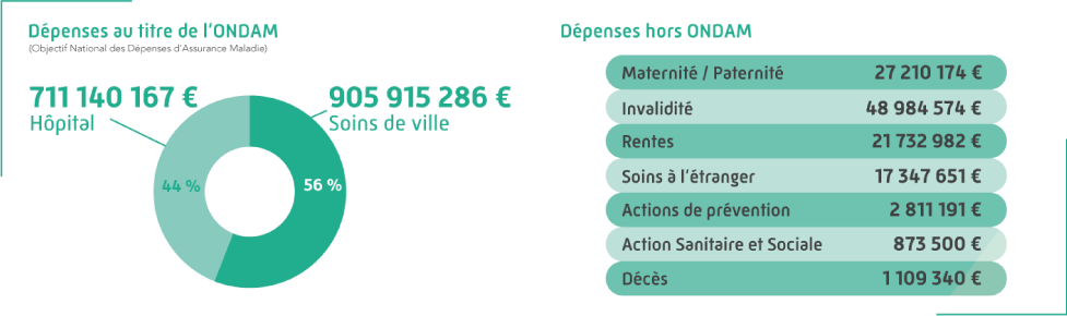 au titre de l'ONDAM : 711 140 167 € pour les Hôpitaux, 905 915 286 € en soins de ville. Hors Ondam Maternité/paternité 27 210 174 €, Invalidité 48 984 574 €, Rentes 21 732 982 €, Décès 1 109 340 €, Soins à l'étranger 17 347 651 €, Actions de préventions 2 811 191 €, Actions sanitaire et sociale 873 500 €.