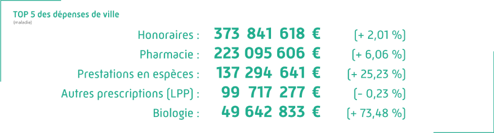 TOP 5 des dépenses de ville (maladie) : Honoraires : 373 841 618 €. Pharmacie : 223 095 605 €. Prestations en espèces : 137 294 641 €. Autres prescriptions : 99 717 277 €. Biologie : 49 642 833 €.