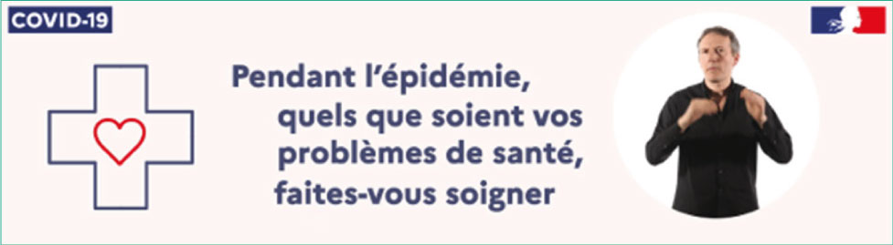 Image illustrant la campagne de vaccination, avec le titre : Pendant l'épidémie, quels que soient vos problèmes de santé, faites-vous soigner.