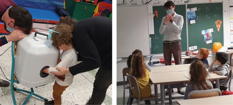 Visuel d'une petite fille avec ses parents, en train de mettre les mains dans une boîte à coucou, un genre de gros bidon dans lequel passer les mains. Une autre photo représente une classe d'enfants avec le professeur au milieu.