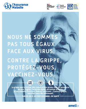 visuel de l'affiche de la campagne, représentant une dame souriante avec un texte : Nous ne sommes pas tous égaux face aux virus. Contre la grippe, protégez-vous, vaccinez-vous.