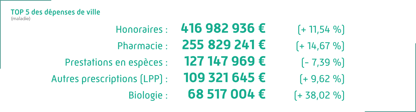 TOP 5 des dépenses de ville (maladie) : Honoraires : 416 928 936 €. Pharmacie : 255 829 241 €. Prestations en espèces : 127 147 969 €. Autres prescriptions (LPP) : 109 321 645 €. Biologie : 68 517 004 €.