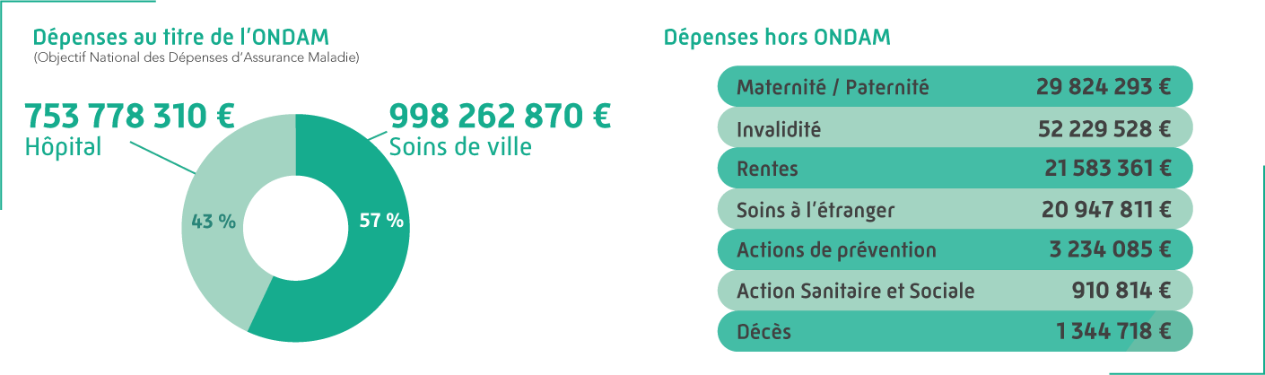 au titre de l'ONDAM : 753 778 310 € pour les Hôpitaux, 998 262 870 € en soins de ville. Hors Ondam Maternité/paternité 29 824 293 €, Invalidité 52 229 528 €, Rentes 21 583 361 €, Soins à l'étranger 20 947 811 €, Actions de préventions 3 234 085 €, Actions sanitaire et sociale 910 814 €, Décès 1 344 718 €.