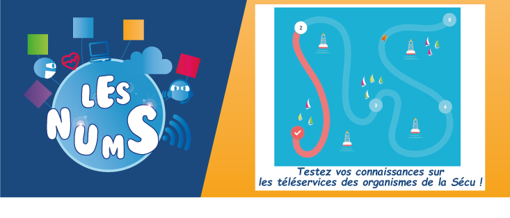 visuel illustrant le sérious game. On y voit un cercle bleu avec 'les nums' en gros caractères et une carte de jeu, type jeu de l'oie.