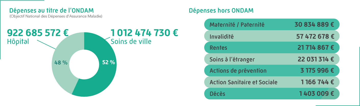 Dépenses au titre de l'ONDAM : 922 685 572 € pour les Hôpitaux, 1 012 474 730 € en soins de ville. 
															Hors Ondam Maternité/paternité 30 834 889 €, 
															Invalidité 57 472 678 €, 
															Rentes 21 714 867 €, 
															Soins à l'étranger 22 031 314 €, 
															Actions de préventions 3 175 996 €, 
															Actions sanitaire et sociale 1 166 744 €, 
															Décès 1 403 009 €.