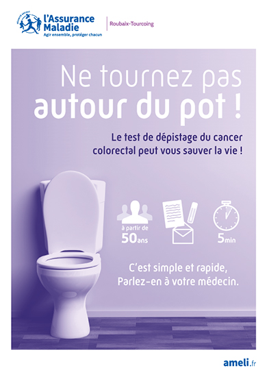 visuel de la campagne mars bleu, ne tournez pas autour du pot !, le test de dépistage colorectal peut vous sauver la vie !