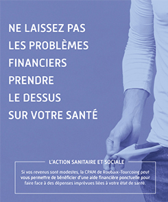 photo de la campagne, représentant une personne retournant la poche vide de son pantalon. le texte : Ne laissez pas les problèmes financiers prendre le dessus sur votre santé.