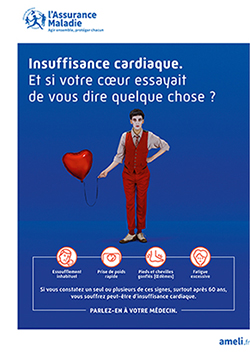 Afffiche de la campagne : Insuffisance cardiaque. Et si votre coeur essayait de vous dire quelque chose ?. On y voit un jeune homme, tenant un ballon rouge en forme de coeur.