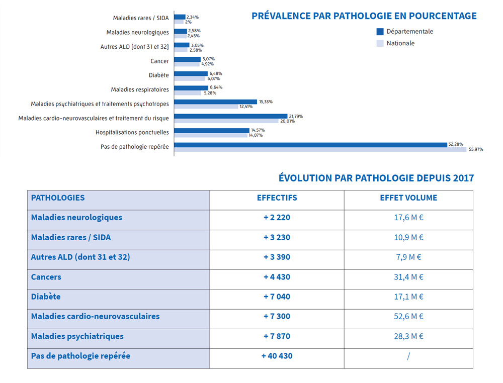 Prévalence et évolution par pathologie en pourcentage, effectifs et volume