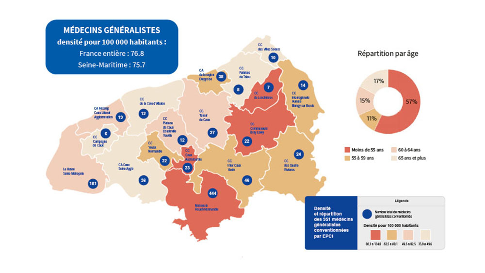 Répartition médecins généralistes en 2023 sur la Seine-Maritime