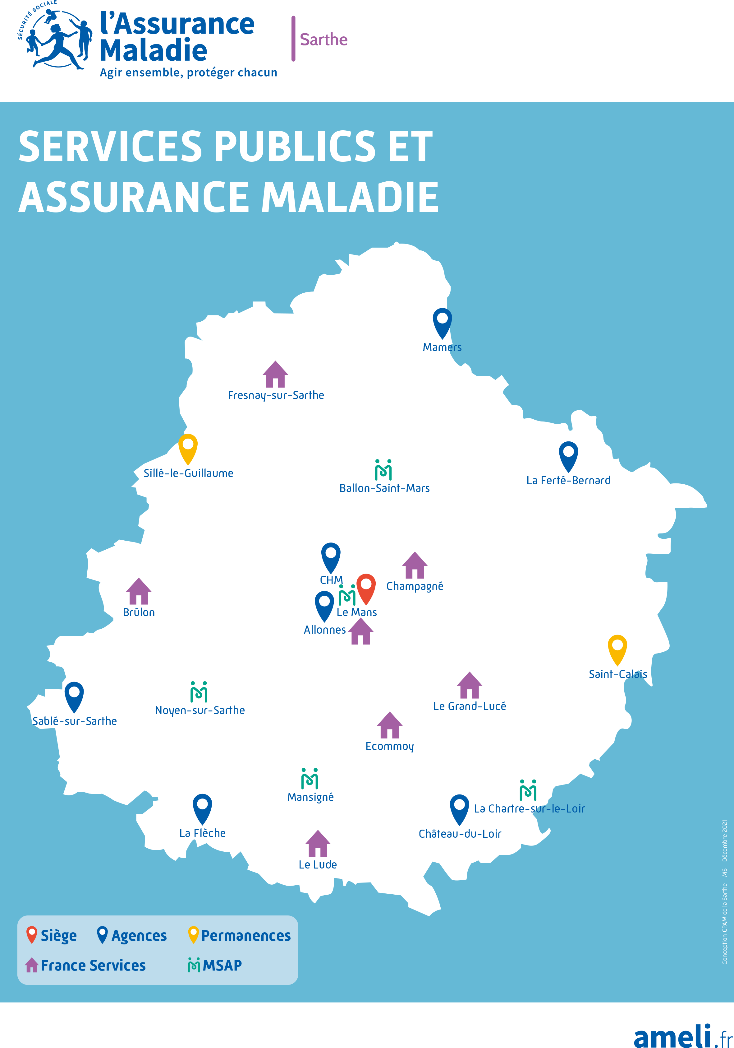 Carte des services publics et Assurance Maladie dans le département de la Sarthe