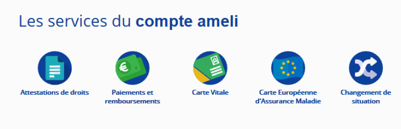 Capture d'écran des services du compte ameli : Attestation de droits, Paiements et remboursements, Carte vitale, Carte Européenne d'Assurance Maladie, Changement de situation