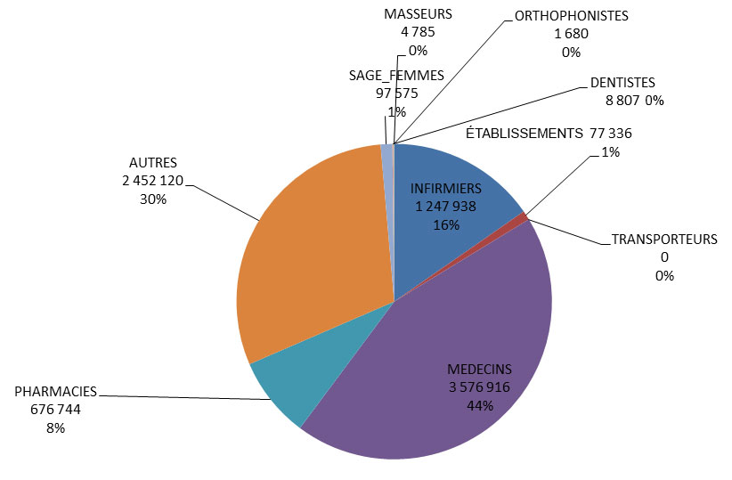 Graphique de présentation de la répartition des montants remboursés par catégorie de professionnels de santé