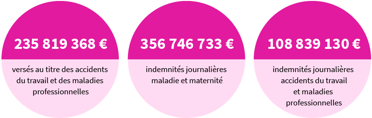 235 819 368 € versés au titre des accidents du travail et des maladies professionnelles, 356 746 733 € indemnités journalières maladie et maternité et 108 839 130 € indemnités journalières accidents du travail et maladies professionnelles.