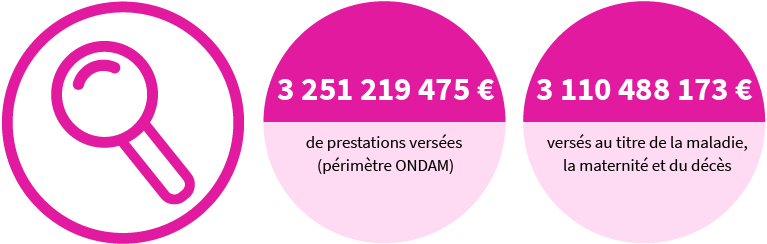 3 251 219 475 € de prestations versées (périmètre ONDAM) et 3 110 488 173 € versés au titre de la maladie, la maternité et du décès