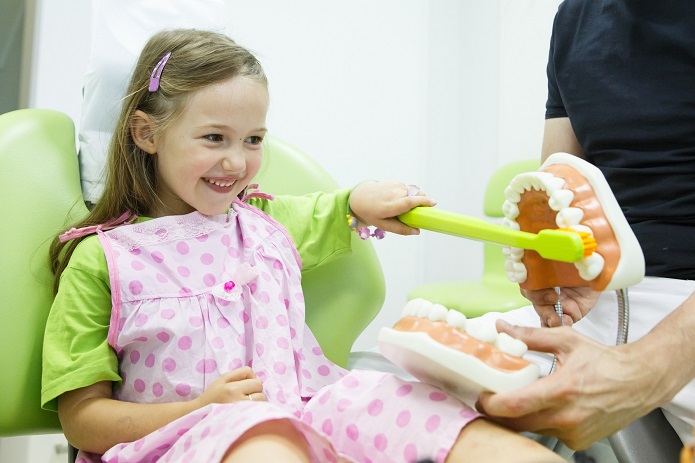 Photo d'une enfant apprenant le brossage sur une maquette de dents géante