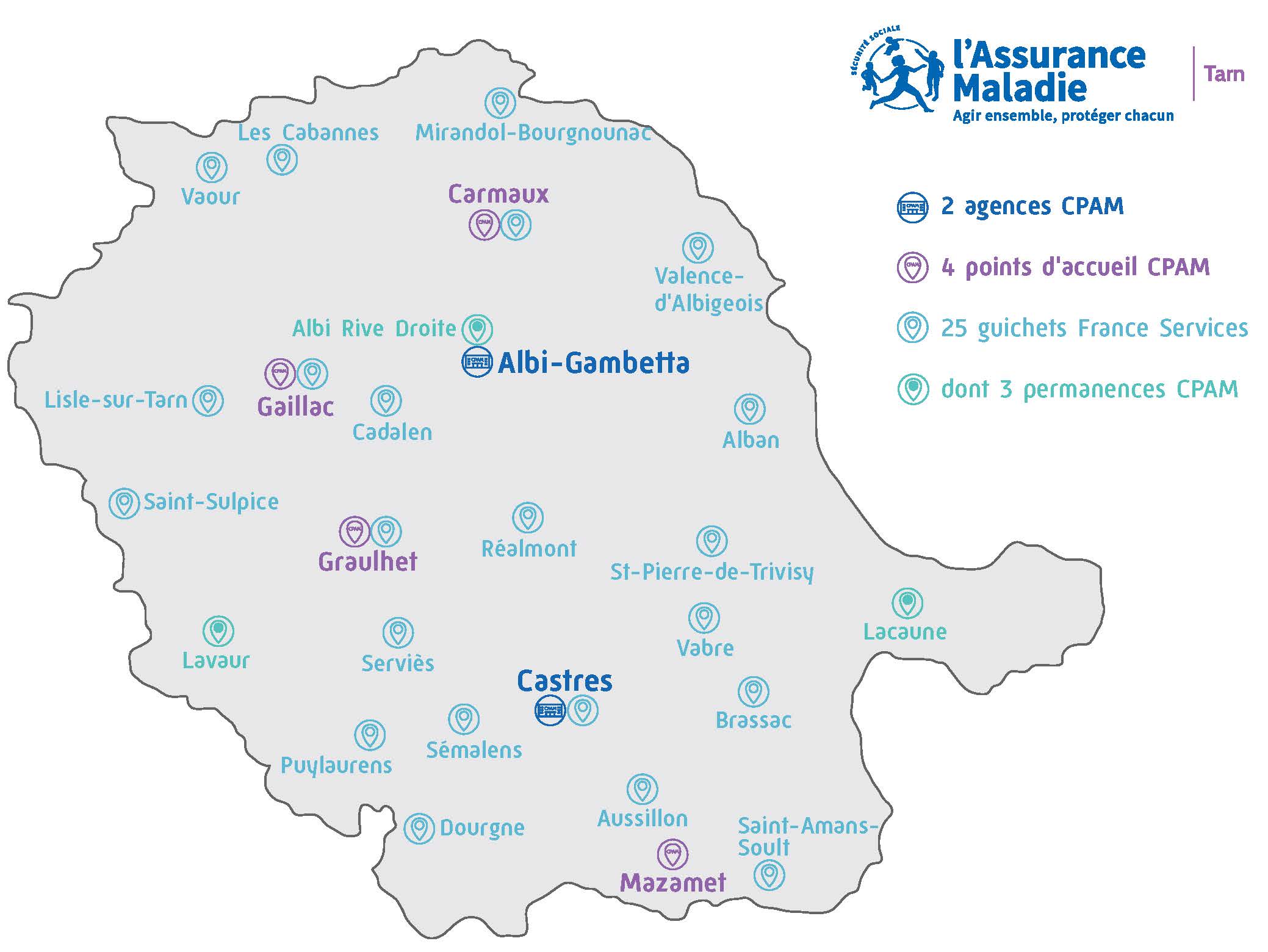 Carte des implantations de la CPAM du Tarn