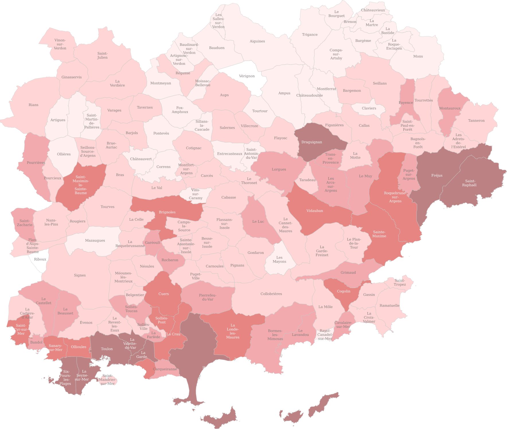 Cartographie du nombre de bénéficiaires par commune du Var